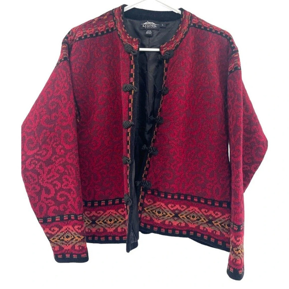 Icelandic Designs Sweater Floral Women Size Large Red Wool Blend Cardigan Lined - Picture 12 of 16